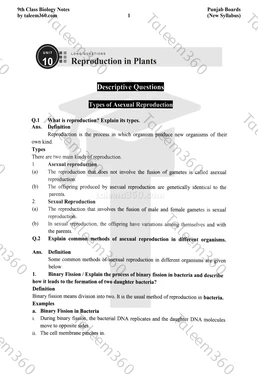 9th Class Biology Notes Chapter 10 Long Questions PDF - Reproduction in Plants