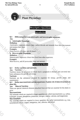 9th Class Biology Notes Chapter 9 Long Questions PDF - Plant Physiology