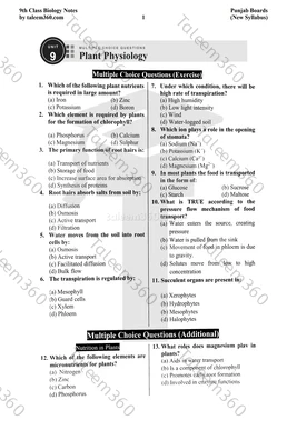 9th Class Biology Notes Chapter 9 MCQs PDF - Plant Physiology