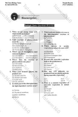 9th Class Biology Notes Chapter 8 MCQs PDF - Bioenergetics