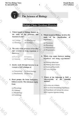 9th Class Biology Notes Chapter 1 MCQs PDF - The Science of Biology