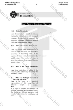 9th Class Biology Notes Chapter 11 Short Questions PDF - Biostatistics