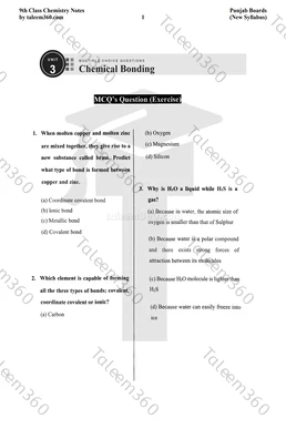 9th Class Chemistry Notes Chapter 3 MCQs PDF - Chemical Bonding