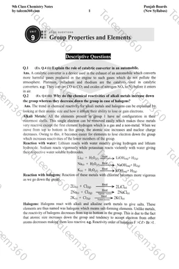 9th Class Chemistry Notes Chapter 9 Long Questions PDF - Group Properties and Elements