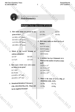 9th Class Chemistry Notes Chapter 4 MCQs PDF - Stoichiometry