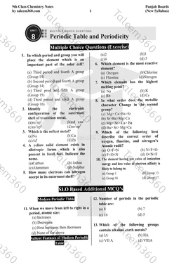 9th Class Chemistry Notes Chapter 8 MCQs PDF - Periodic Table and Periodicity