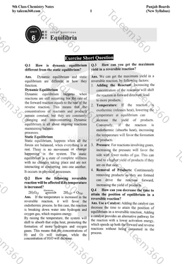 9th Class Chemistry Notes Chapter 6 Short Questions PDF - Equilibria
