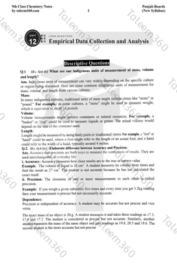 9th Class Chemistry Notes Chapter 12 Long Questions PDF - Empirical Data Collection and Analysis