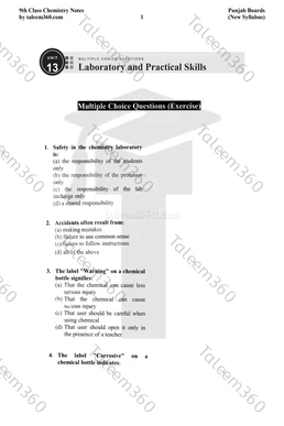 9th Class Chemistry Notes Chapter 13 MCQs PDF - Laboratory and Practical Skills