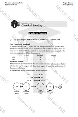 9th Class Chemistry Notes Chapter 3 Long Questions PDF - Chemical Bonding