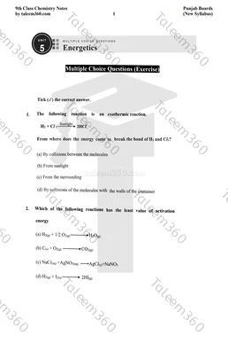 9th Class Chemistry Notes Chapter 5 MCQs PDF - Energetics