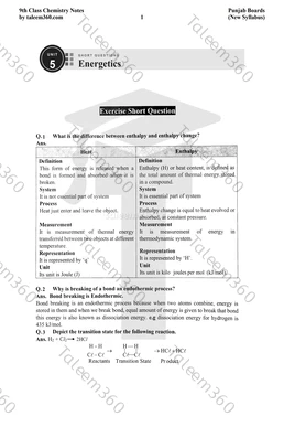 9th Class Chemistry Notes Chapter 5 Short Questions PDF - Energetics