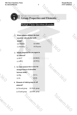 9th Class Chemistry Notes Chapter 9 MCQs PDF - Group Properties and Elements