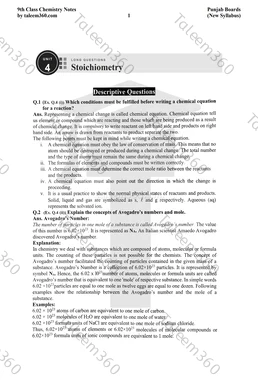 9th Class Chemistry Notes Chapter 4 Long Questions PDF - Stoichiometry