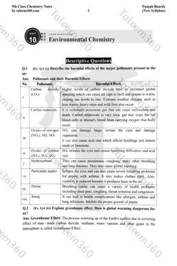 9th Class Chemistry Notes Chapter 10 Long Questions PDF - Environmental Chemistry