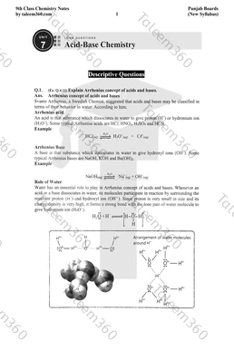9th Class Chemistry Notes Chapter 7 Long Questions PDF - Acid-Base Chemistry