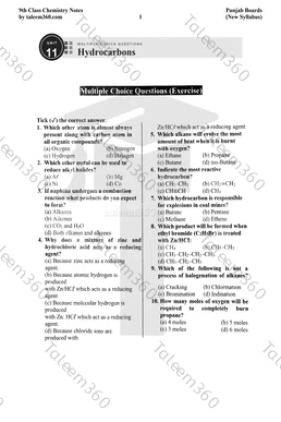 9th Class Chemistry Notes Chapter 11 MCQs PDF - Hydrocarbons