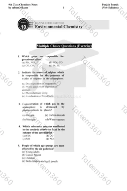 9th Class Chemistry Notes Chapter 10 MCQs PDF - Environmental Chemistry