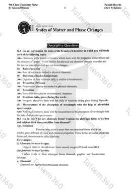 9th Class Chemistry Notes Chapter 1 Long Questions PDF - States of Matter and Phase Changes