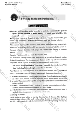 9th Class Chemistry Notes Chapter 8 Long Questions PDF - Periodic Table and Periodicity