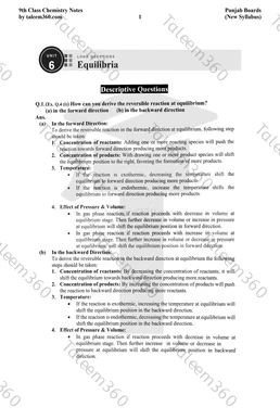9th Class Chemistry Notes Chapter 6 Long Questions PDF - Equilibria