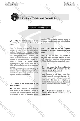9th Class Chemistry Notes Chapter 8 Short Questions PDF - Periodic Table and Periodicity