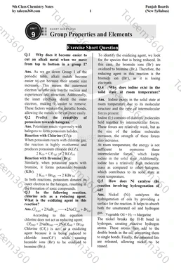 9th Class Chemistry Notes Chapter 9 Short Questions PDF - Group Properties and Elements