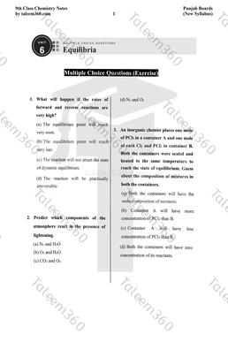 9th Class Chemistry Notes Chapter 6 MCQs PDF - Equilibria