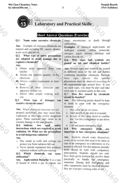 9th Class Chemistry Notes Chapter 13 Short Questions PDF - Laboratory and Practical Skills