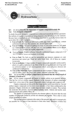 9th Class Chemistry Notes Chapter 11 Long Questions PDF - Hydrocarbons