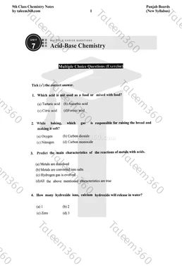 9th Class Chemistry Notes Chapter 7 MCQs PDF - Acid-Base Chemistry