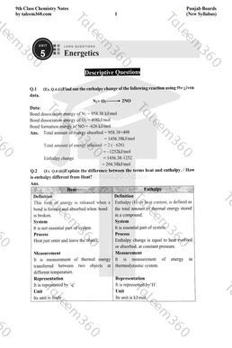 9th Class Chemistry Notes Chapter 5 Long Questions PDF - Energetics