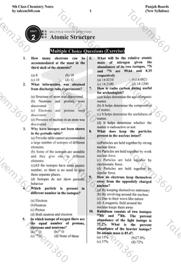 9th Class Chemistry Notes Chapter 2 MCQs PDF - Atomic Structure