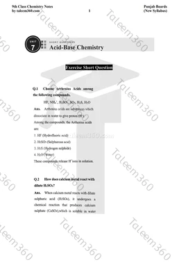 9th Class Chemistry Notes Chapter 7 Short Questions PDF - Acid-Base Chemistry